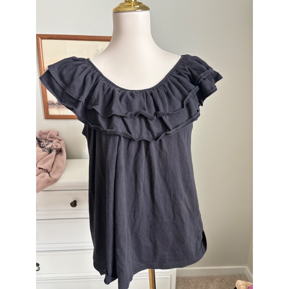 Route‎ 66 Black Ruffle Neck Top XL Vintage Y2K Boho Flutter Sleeve Cotton Blend